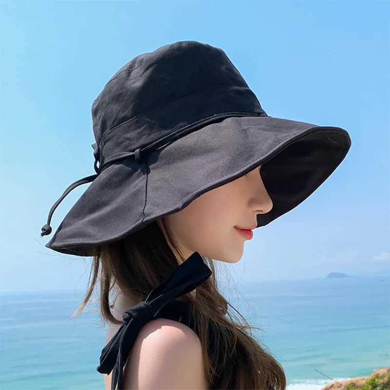New Spring Summer Cotton Bucket Hat Womens Sweet Knot Bow Wide Brim Panama Sun Hat Outdoor Beach Tourist Fishermans Hat W250217
