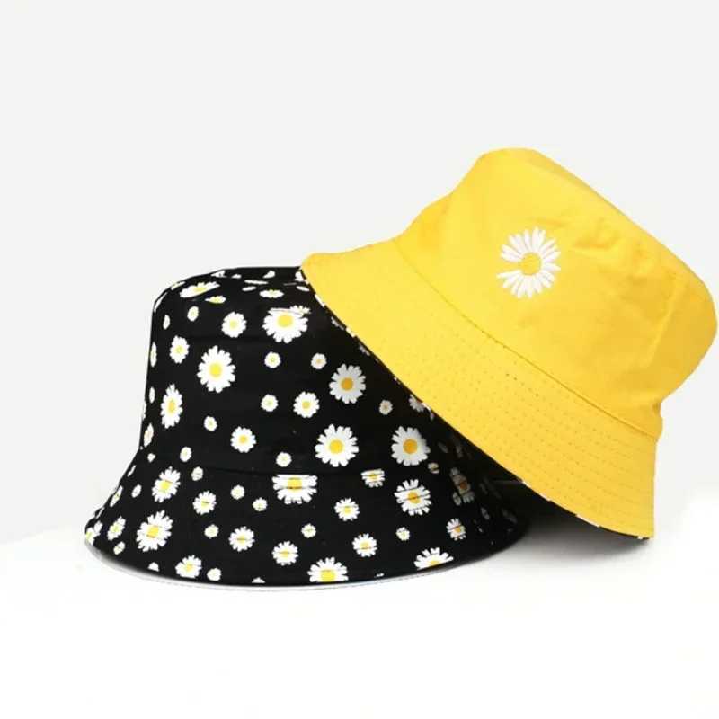 Double-Sided Daisy Embroidery Bucket Hats Women Men Hip Hop Panama Bob Caps Folded Beach Sun Fisherman Hat for Ladies Mens W250217