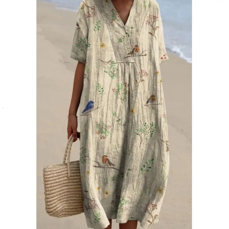 Womens floral print summer mini dress color V-neck short sleeved casual loose vacation exercise beach wear dress robe Traf 250213