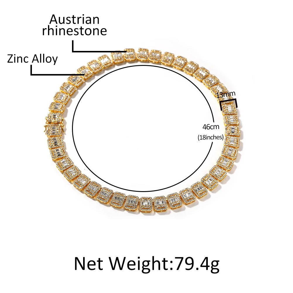 THE BLING KING 13mm Zinc Alloy Baguettestone Necklaces Micro Paved Bling Rhinestones Link Chain Fashion Mens Hiphop Jewelry 250213