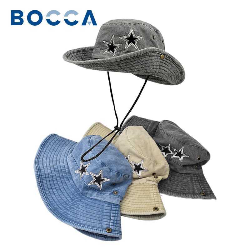 Bocca Y2K Bucket Hat Bling Star Retro Washed Panama Fisherman Hats Women Wide Brim Denim Vintage Summer Sun Outdoor Travel Cap W250217