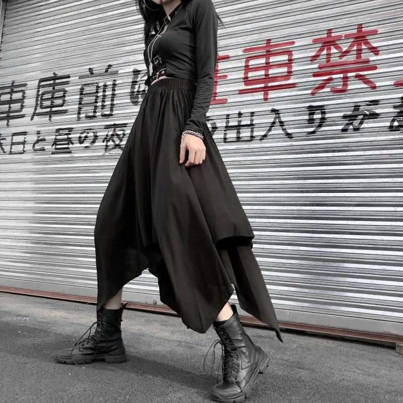 Dark Black Irregular High Waist Skirt Goth Punk Gothic Harajuku Long Vintage korean fashion clothing 250211