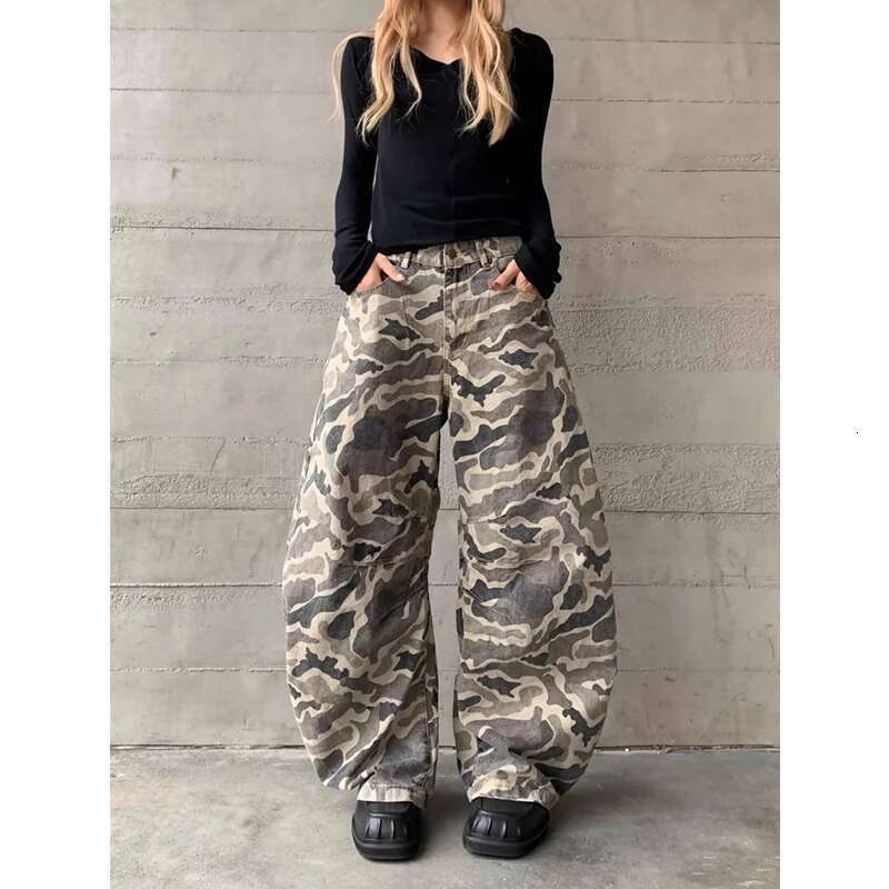 Camouflage Khaki Jeans Women Vintage High Waisted Straight Trouser Y2k American Streetwear Wide Leg Classic Denim Pants