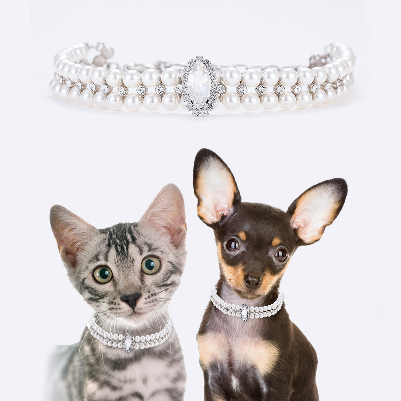 Luxury Dog Necklace with Combination of Big Small Rhinestones And Pearls, Pearl Necklace for Cats, Shiny Pet Decoration, Adjustable Pet Necklace for S