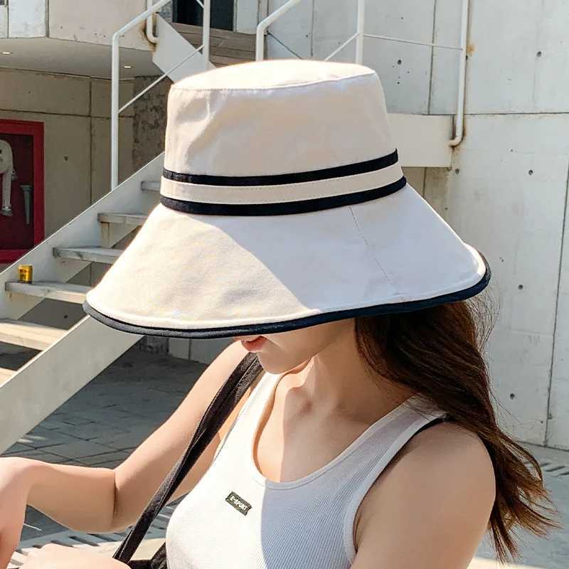 Womens Summer Bucket Hat Soft Cotton Strip Wide Brim Fishermans Hat Travel Beach Ladies Outdoor Folding Panama Basin Hat W250217