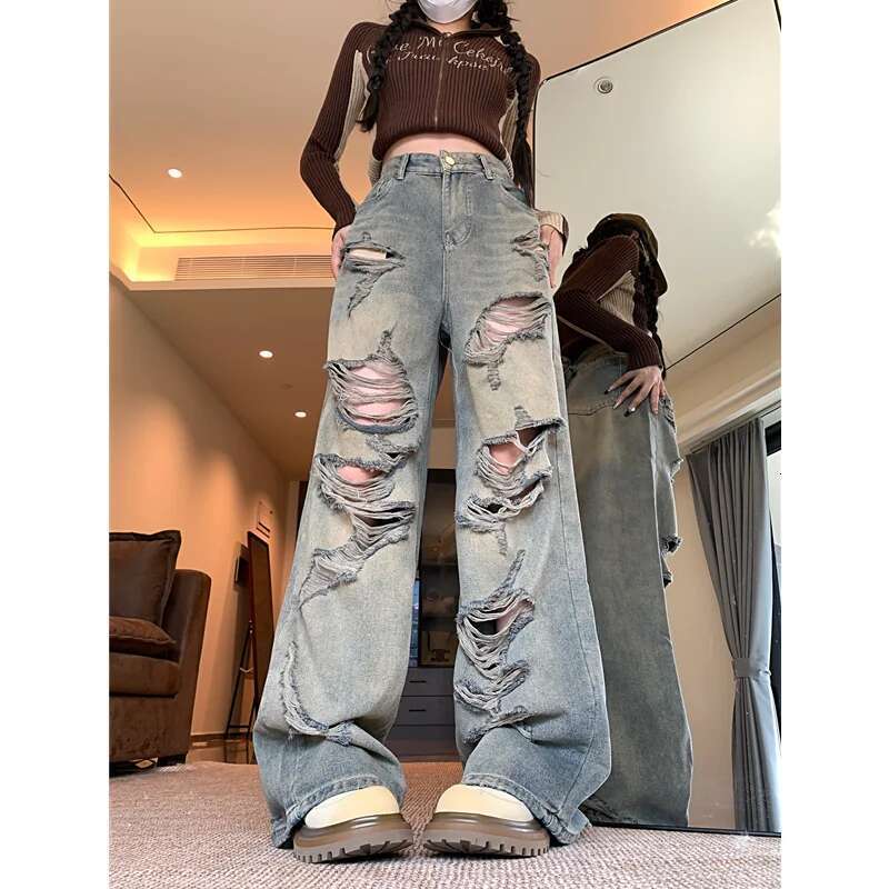 Blue High Waist Women Jeans Hip-Hop Style Fashion Vintage Streetwear Y2k Wide Leg Jean 2024 Female Trouser Baggy Denim Pants
