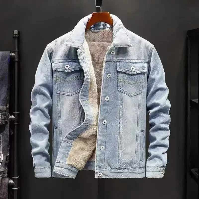 Mens coat thick denim jacket lapel cashmere full set of casual patchwork single chest autumn and winter 250212