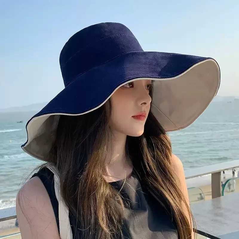 Spring Summer New Big Wide Brim Women Bucket Hat Solid Color Foldable UV Protection Outdoor Beach Panama Cap Sun Hats W250217
