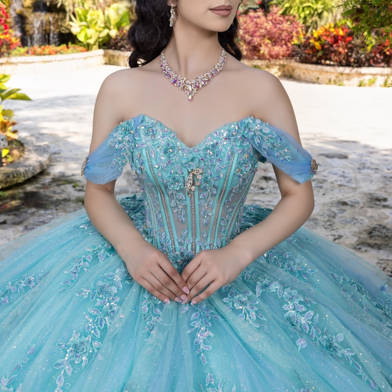 Water Blue Shiny Quinceanera Dresses Ball Gown Off Shoulder Appliques Lace Beading Crystal Tull Sweet 16 Dress Vestidos 15 De anos