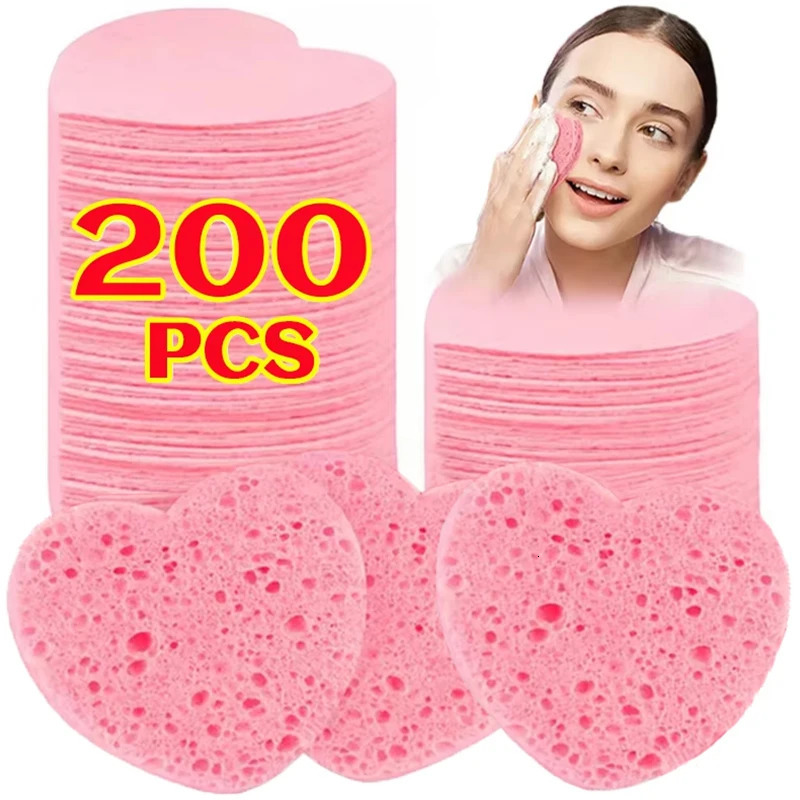 10-200Pcs Heart Shape Compressed Sponges Natural Wood Pulp Cotton Face Cleansing Pads Exfoliating for Cleansing Reusable 250214