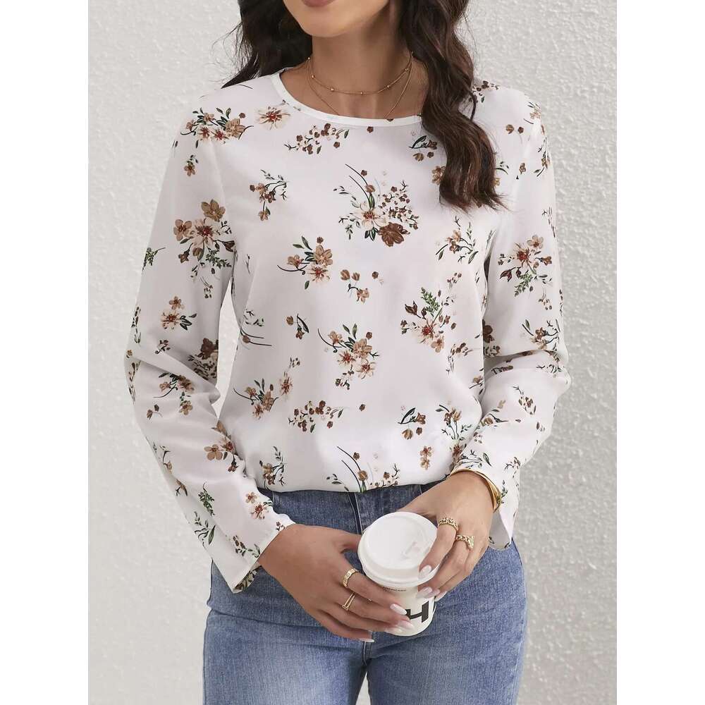 Ladies Ral Print O Neck Casual Long Sleeve Blouse Women Tops Shirts