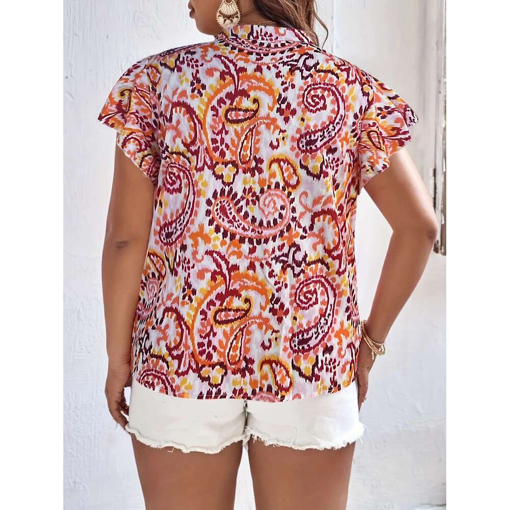 Plus Size Summer Women Elegant Print Blouses Shirt Ethnic Casual Fashion V Neck Tops Female Curve Clothing