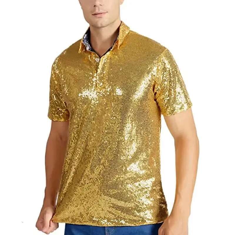 Gold Sequin Polo Shirt for Men Designer Fashion Shiny Short Sleeve Disco Cosplay Top Summer Christmas Stage Dance Costume