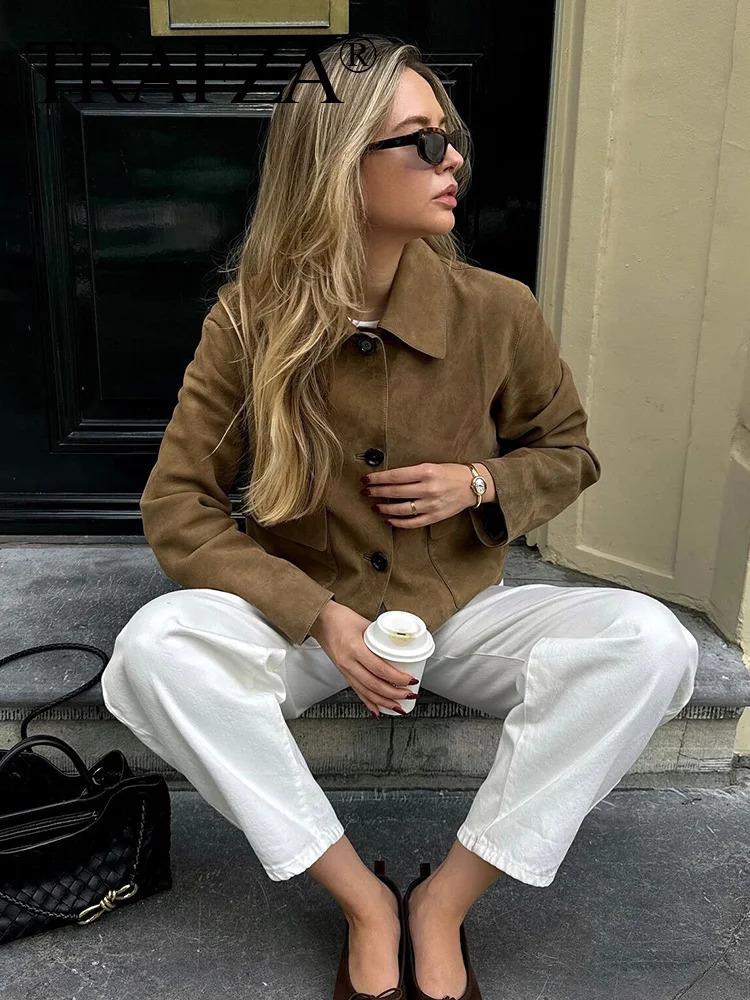 TRAFZA Autumn Women Casual Suede Lapel Jacket Fashion Long Sleeves Crop Coat Pockets Female Chic Single Breasted Outerwear 250120
