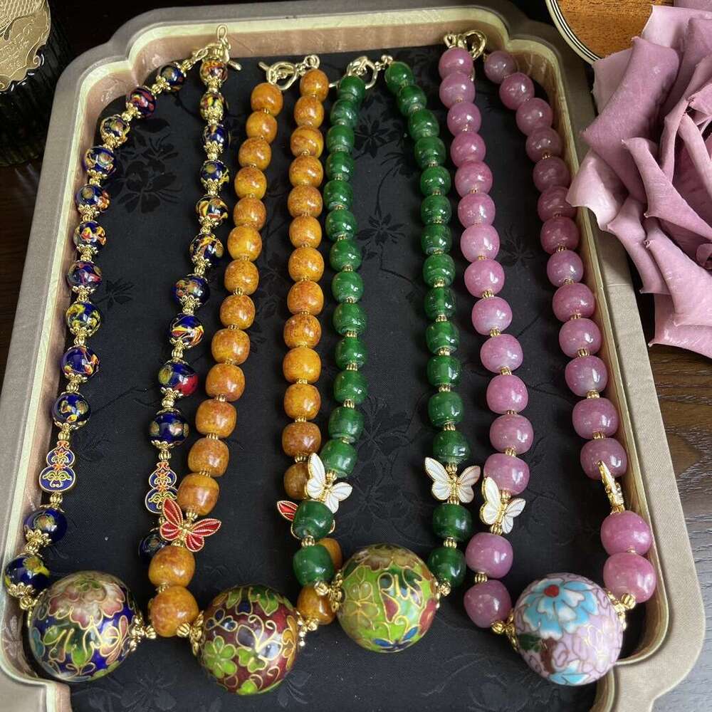 Minan Vintage Glass Enamel Colored Ball Butterfly Cloisonn e Fashion Versatile Necklace