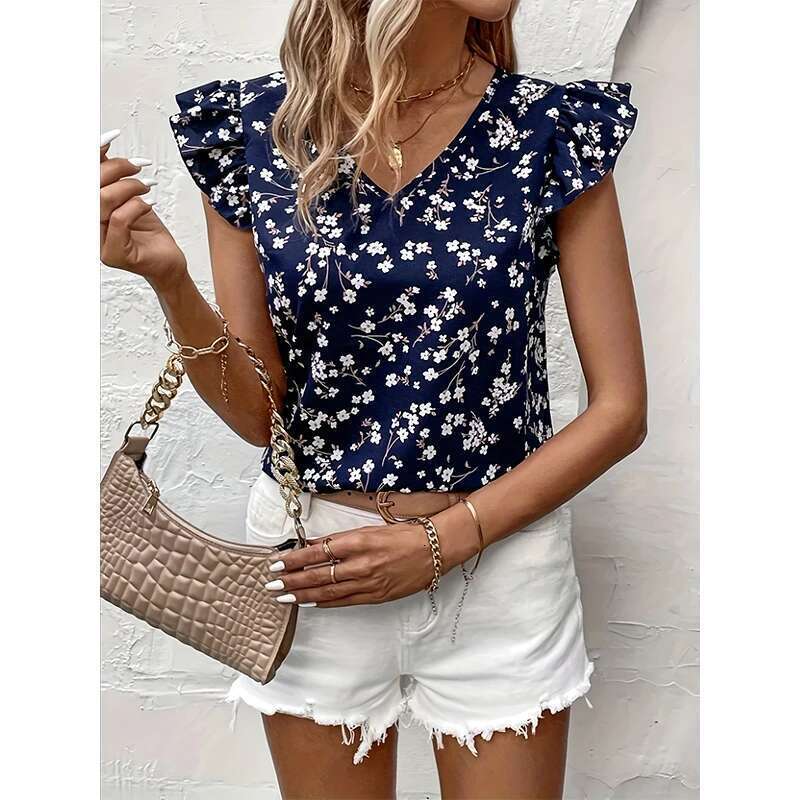 Shirt Fashion Women's Commuting V-Neck Breathable Lace Sleeve Tibetan Blue Small Ral Print Design Unique Niche New Noble Shir