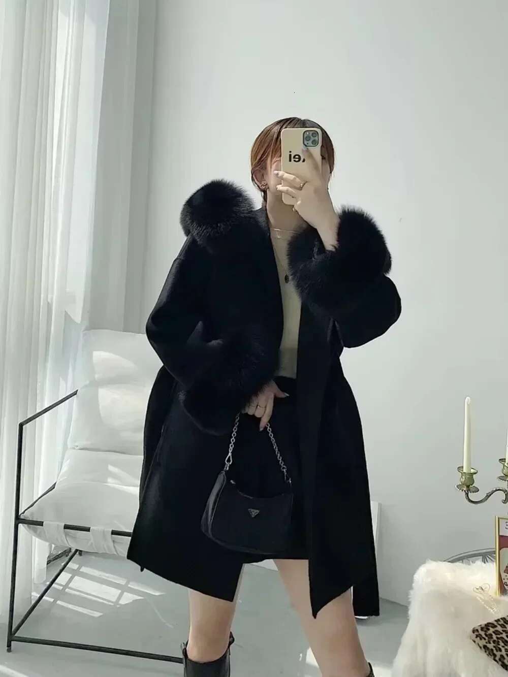 2024 New Woolen Coat Oversize Ladies Outerwear Winter Women Natural Fox Fur Collar Cuffs Jacket Hood Cashmere Wool