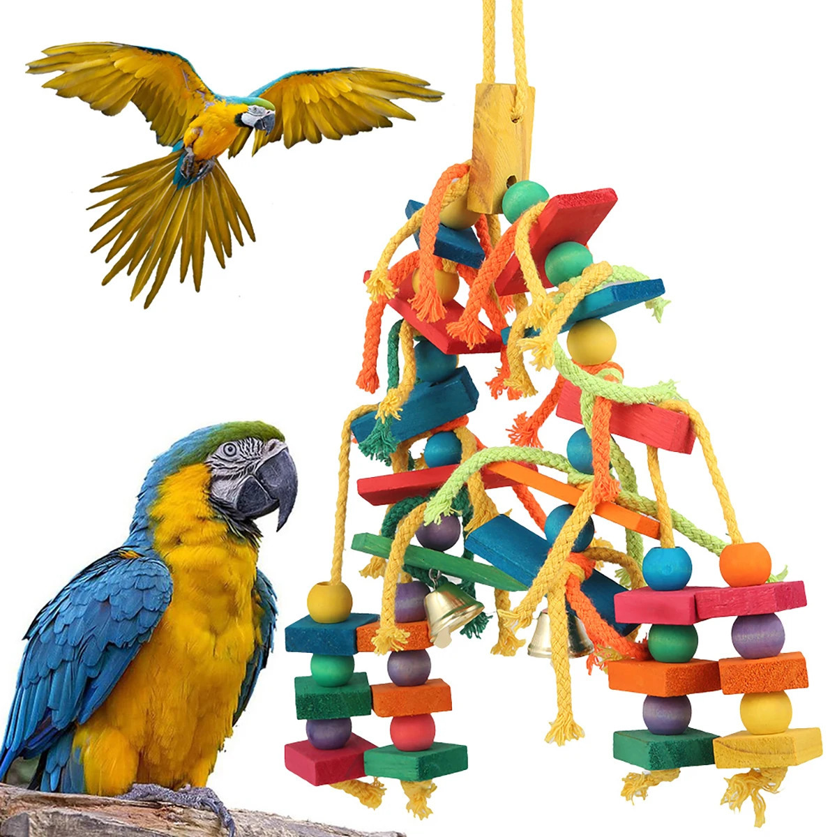 Safe Parrot Chew Toy with Hook Colorful Wooden Beads Ropes Natural Blocks Tearing Toys for Small Medium Birds Mini Macaw 250206