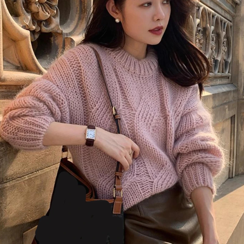 Lazy Wind Twist Sweater Women Autumn Winter Korean Loose Knitted Pullovers Woman Solid Color Long Sleeve Sweaters Female 250211