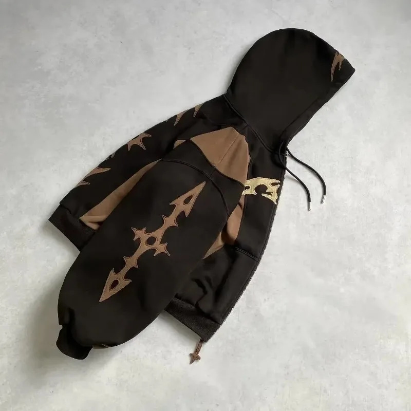American Retro Brown Stitching Fashion Sweatshirt Zipper Hoodie Mens And Womens Y2K Harajuku HipHop Gothic Casual Joker Coat 250213