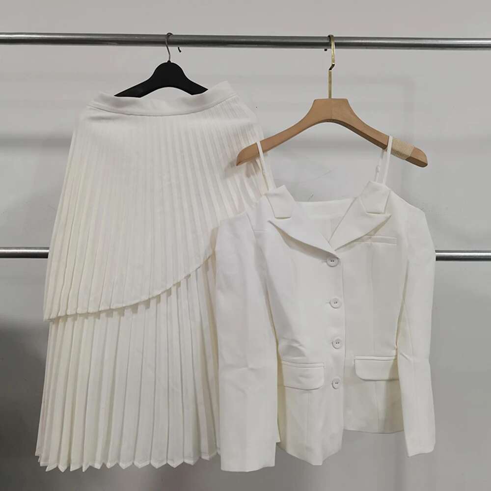 Elegant Skirts Set For Women Lapel Long Sleeve Spliced Belt Tunic Backless Coat High Waist Pleated Skirt Chic Sets Female