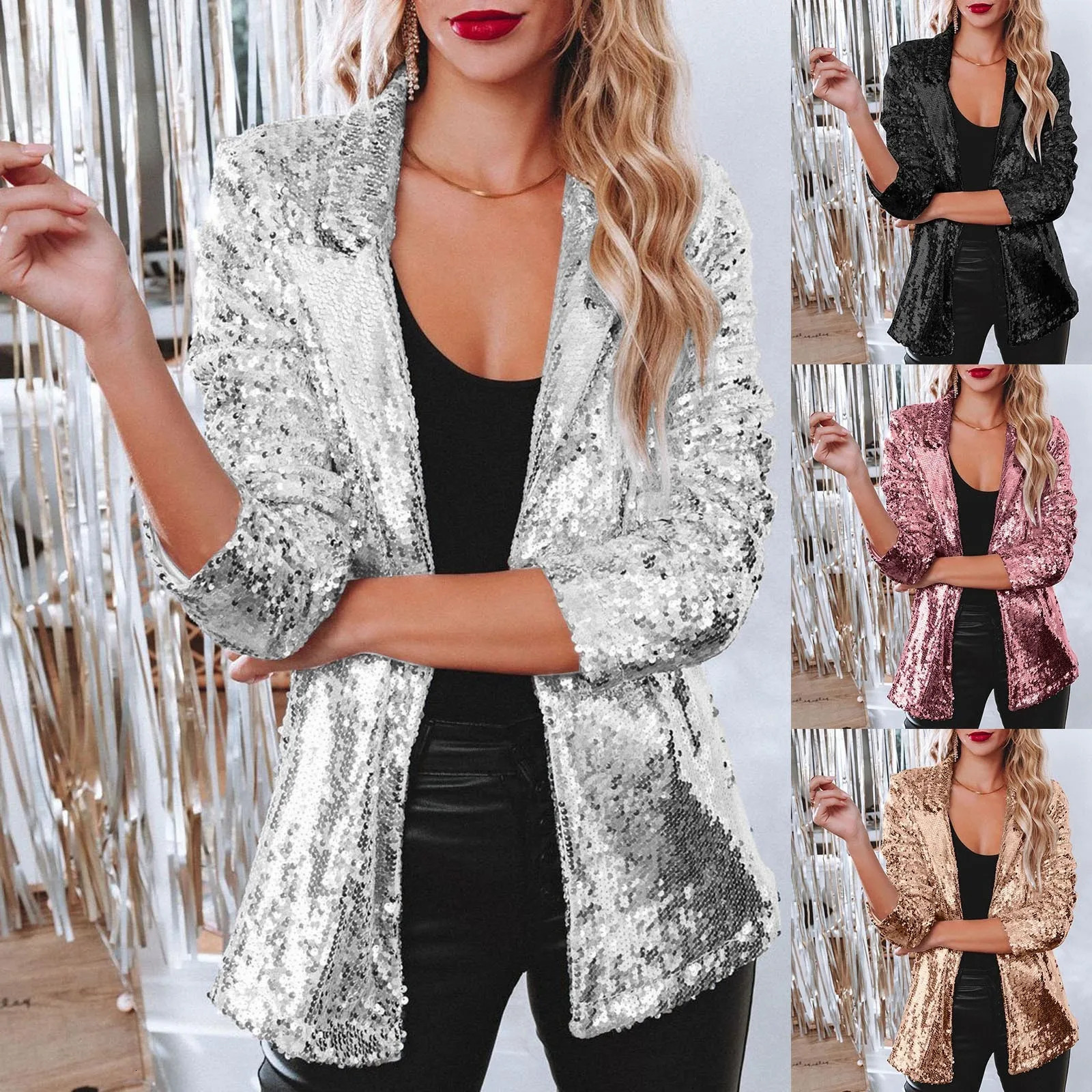 Women Elegant Sequins Suit Jackets Long Sleeve Glitter Party Shiny Lapel Coat Rave Outerwear Club Wear Blazers Jacket 250211