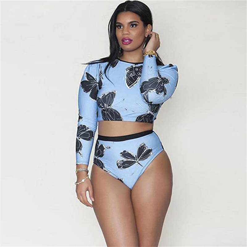 Womens Sexy High Waist Rash Guard Swimwear Long Sleeve Two Pieces Swimsuit