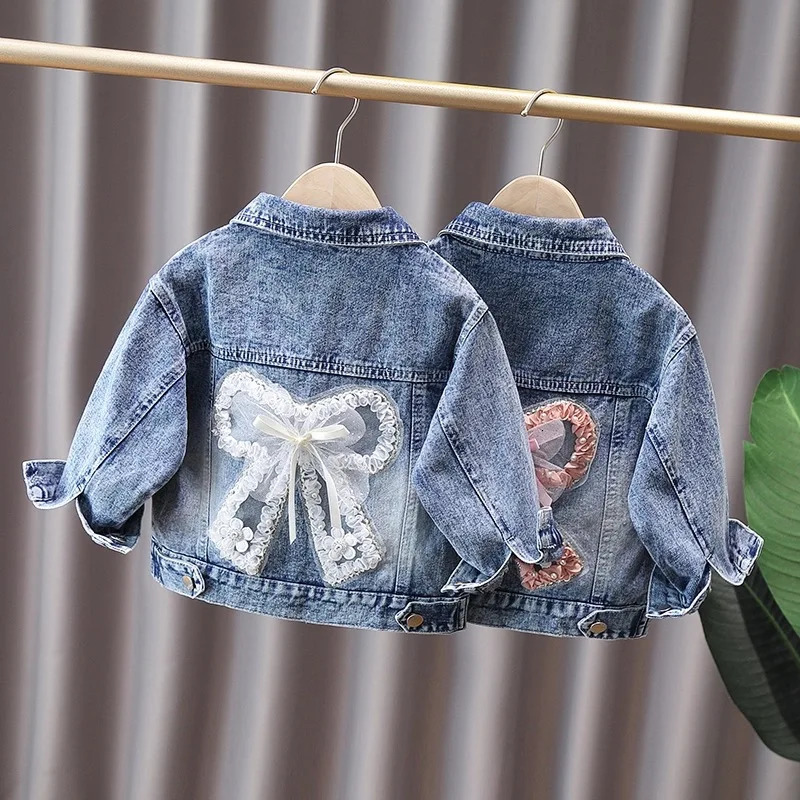 2-12-year-old girls denim jacket fashion baby Jean Coats s childrens jacket with cute rabbit lace bow for girls 250214