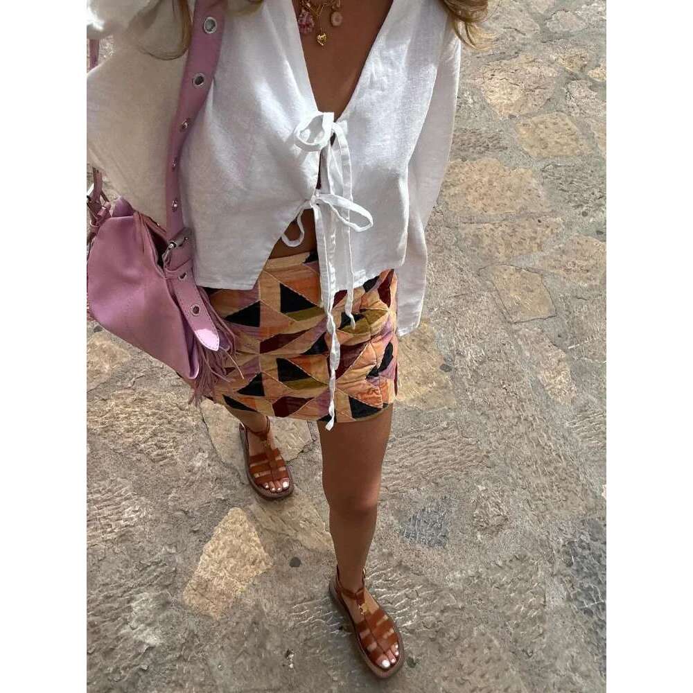 Cotton En Lace Up Bow Shirts Women Loose Hollow Out V Neck Long Sleeve Tops Female 2025 Spring New Lady Streetwear Top