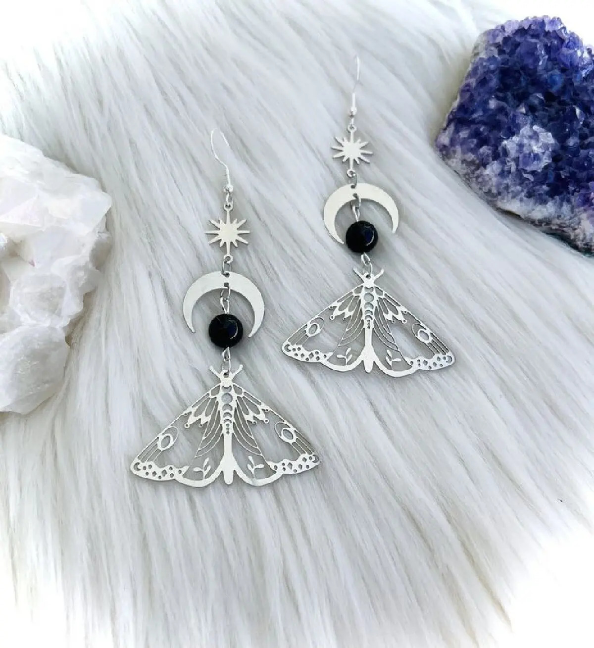 2 Pcs Fashion Moon Star Elegant Moth Insect Creative Bohemian Silver Color Copper Dangle Earrings Women Daily Party Gift Jewelry 250213