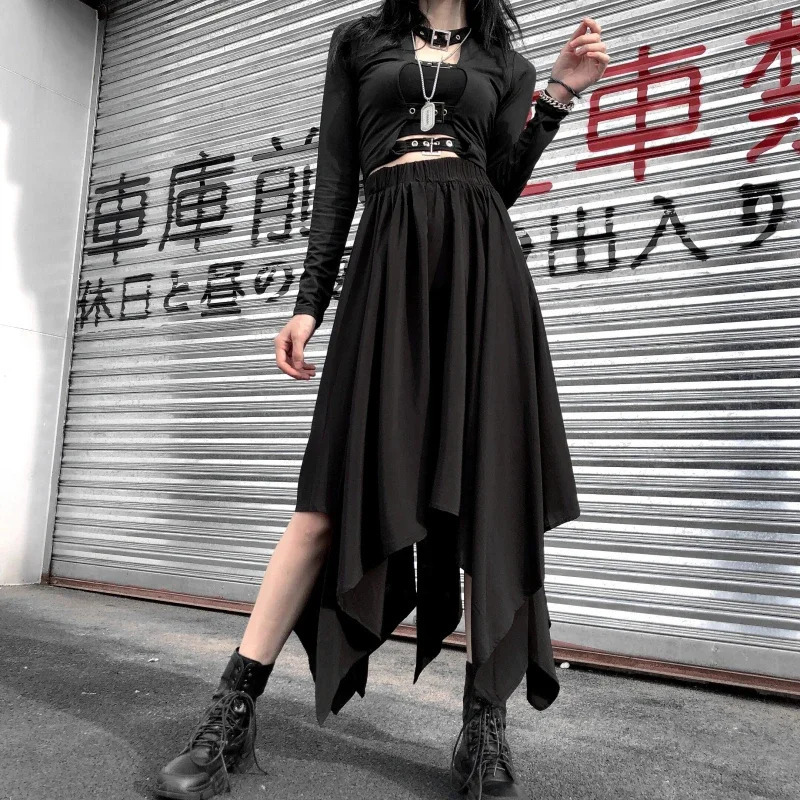 Dark Black Irregular High Waist Skirt Goth Punk Gothic Harajuku Long Vintage korean fashion clothing 250211