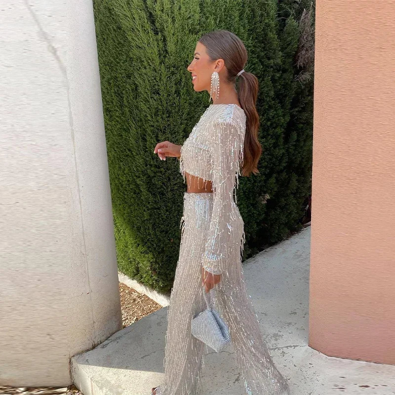 Tassel Sequin Women 2 Piece Set Spring Silver Bright Silk O-neck Crop Tops Wide Leg Pants Female Suit Fashion Street Lady Sets 250210