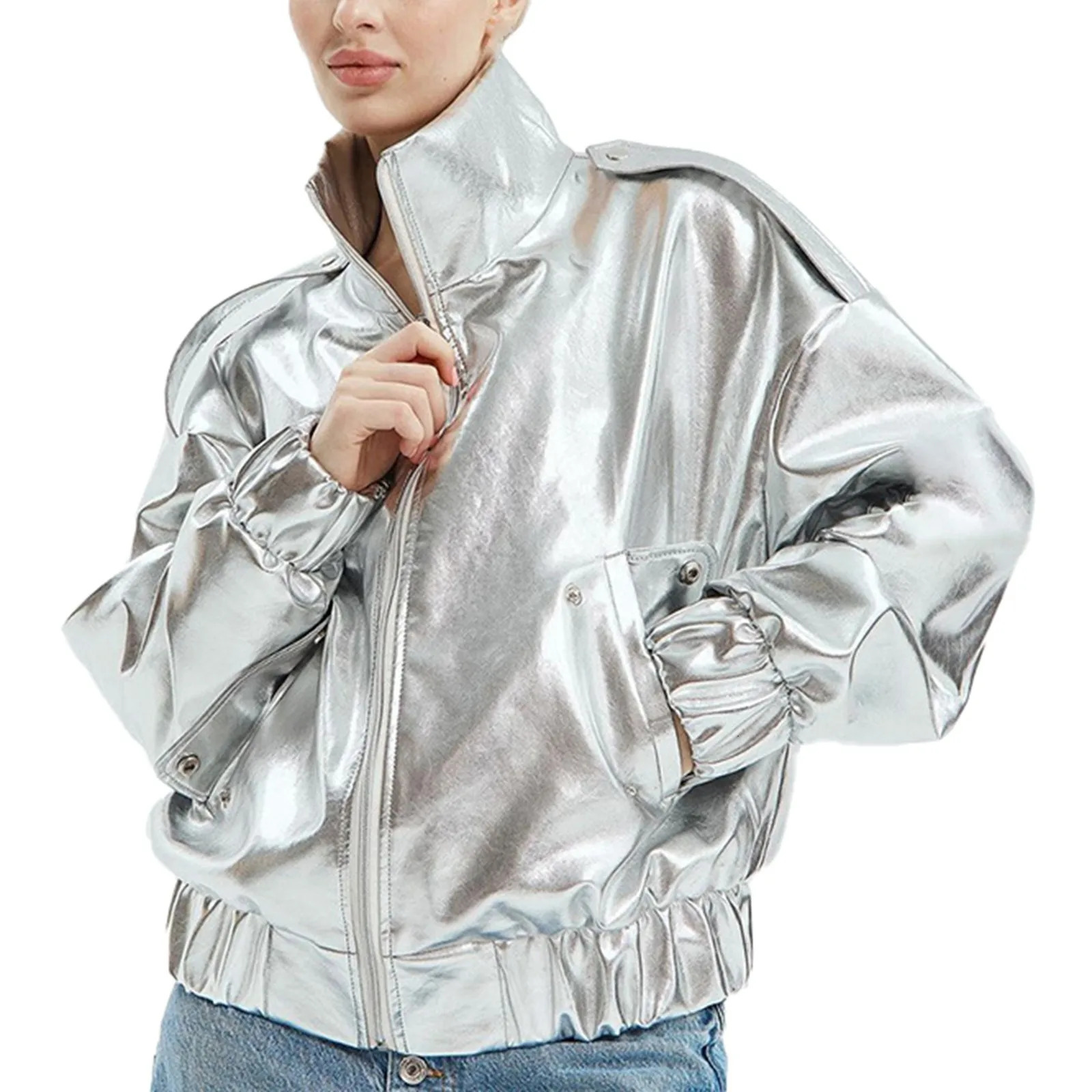 Women Shiny Gold Silver Pu Leather Jacket Stand Collar Turtleneck Loose Fit Jackets Coat With Pockets Autumn Streetwear 250211