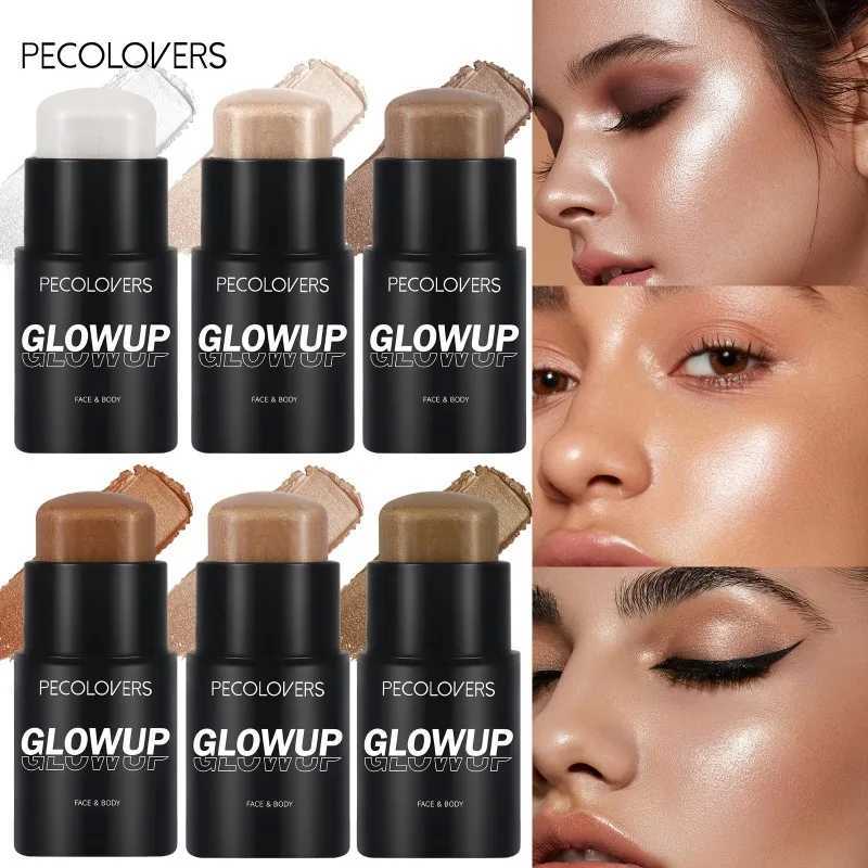 PECOLOVERS 6-Color Shimmer Highlighter Stick - Waterproof Strong Coverage for All Skin Tones Face Body IlluminatorW250217