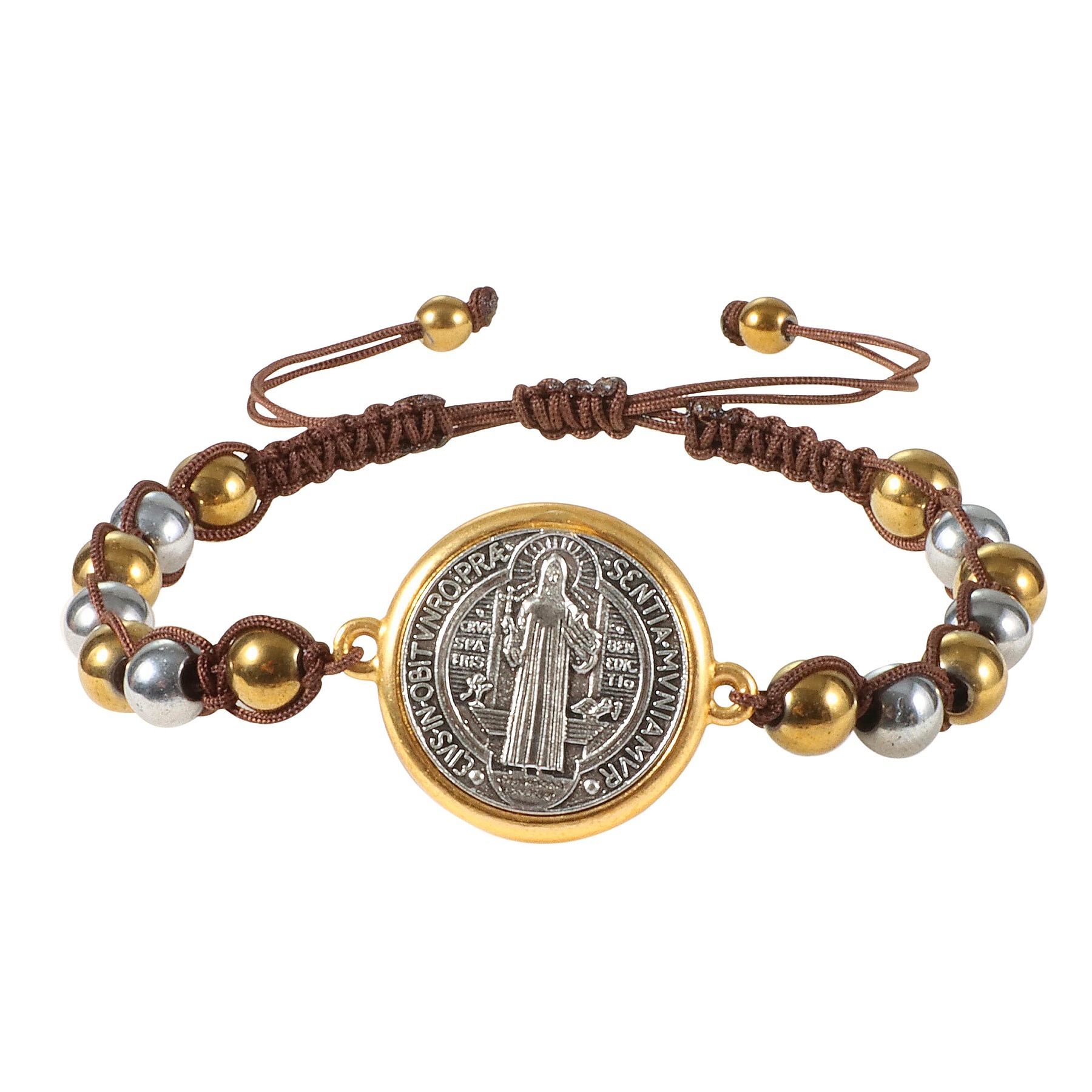 New Saint Benedict copper bead with adjustable drawstring, beaded woven bracelet