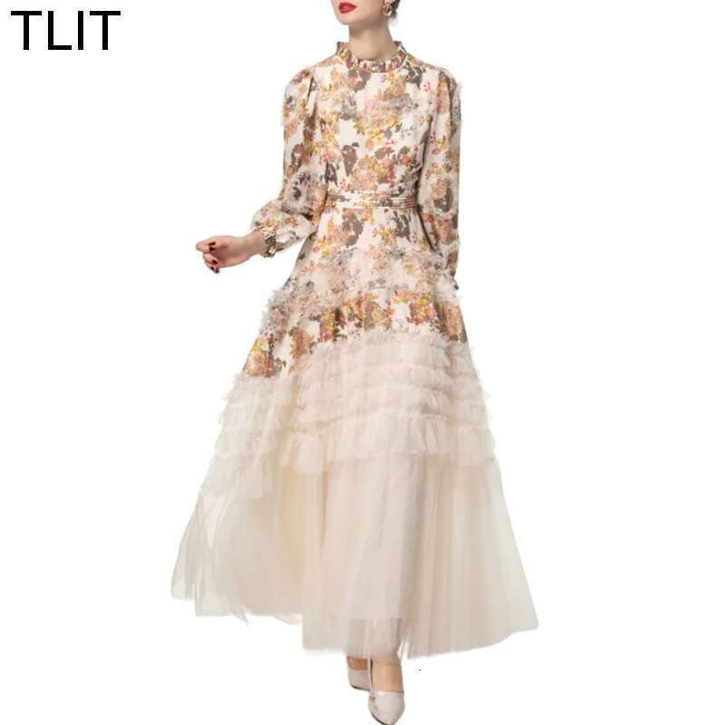 Elegant Women's Printing Lace Design Dresses Round Neck High Waist Long Sleeve Evening Dress Spring 2025 New