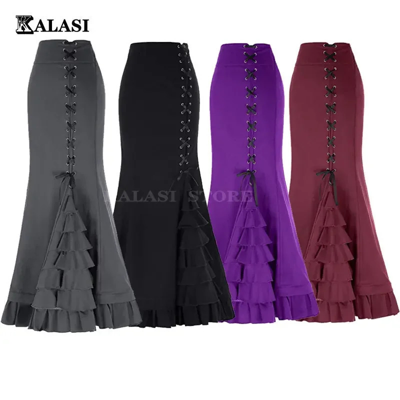 Womens Skirt Gothic Vintage Victorian Steampunk LaceUp Tiered Ruffled Fishtail Mermaid Long Dresses Medieval Costumes 250211