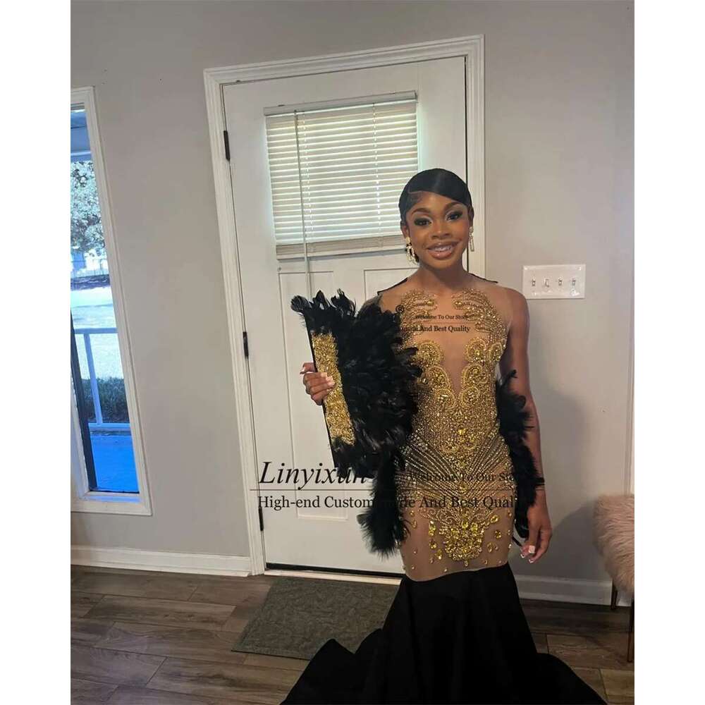 Long Dias Prom Dresses Customized Sparkly Beads Rhie Crystal Feather For Black Girls Birthday Party Gown