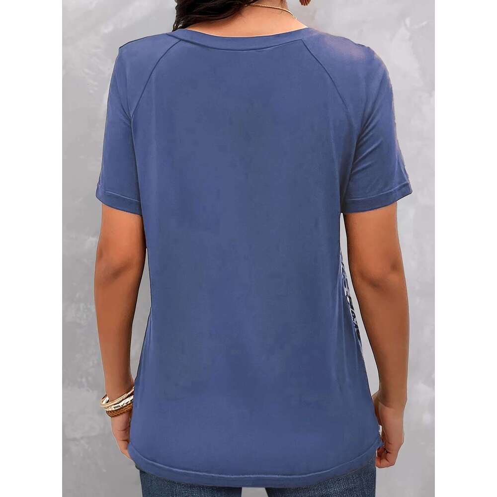 2024 Summer Europe And The United States Plus Size Women's Leopard Print Casual V-Neck Short Sleeve Pullover Top T-Shirt