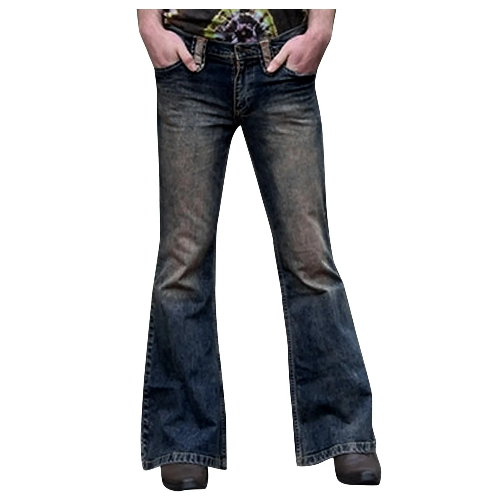 Full Pocket Flare Vintage Bootcut Length Fashion Straight Casual Denim Trousers Mens Clothing Black Light Blue Pants 250214