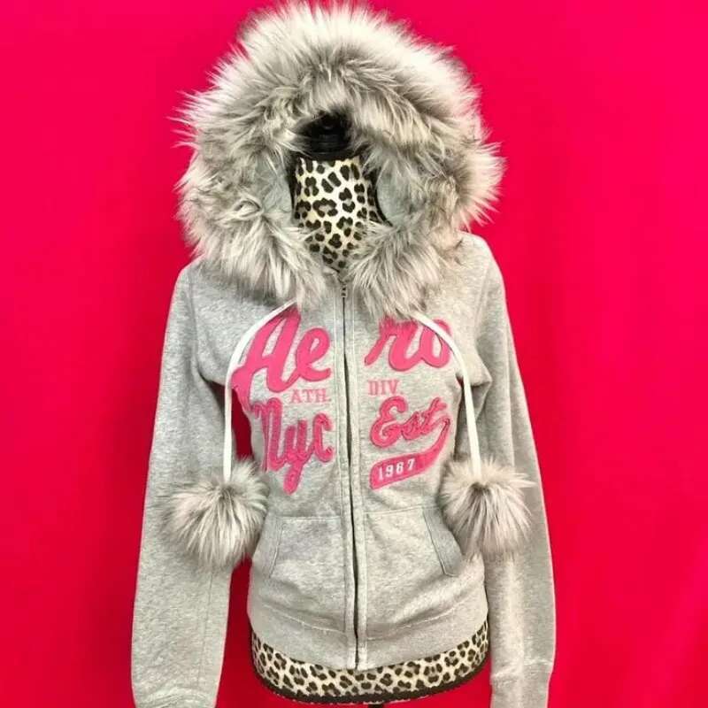 With Haruku Light Color Hoodies women Design Clothing Kawaii Clothes Street Leopard Print American Plush Jacket Y2K Tops
