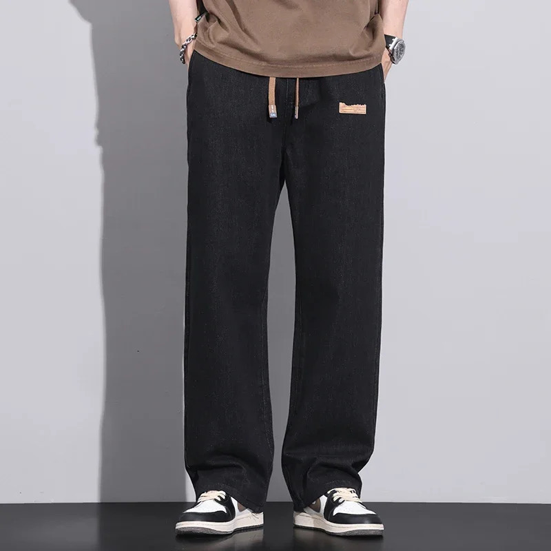 Men Dark Blue Stretch Elastic Waist Denim Pants Streetwear Loose Full Length Trousers Straight Wide Leg Drawstring Jeans 250214