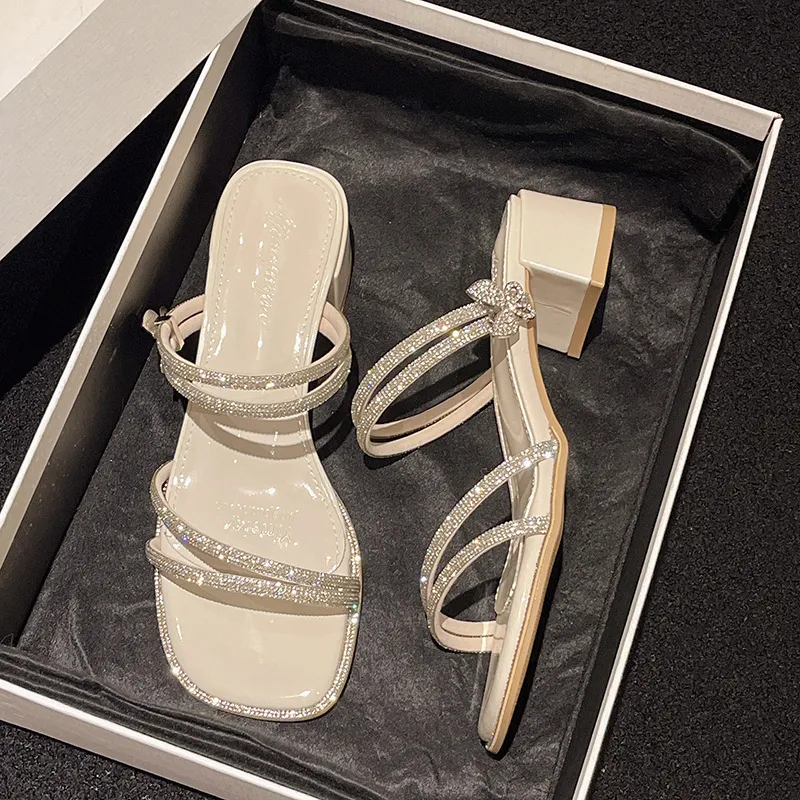 Water Dia Thin Belt Double Wear Butterfly Fairy Skirt Sandals Designer Women's Summer Thick Middle Heel High Heels 2025 New Style