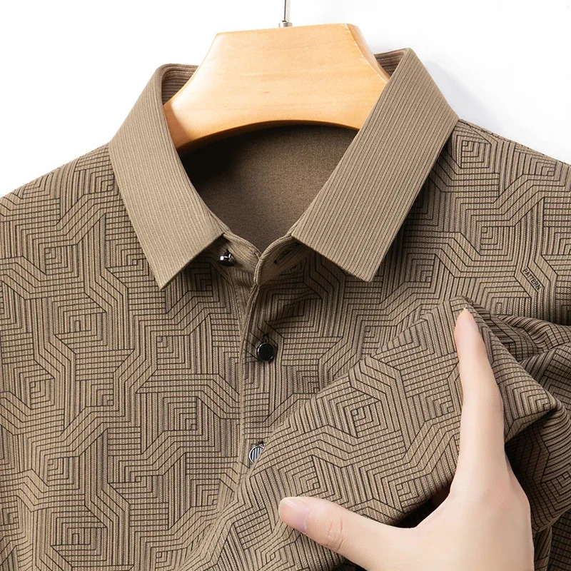 mens business casual long sleeved shirt with badge solid color polo fashionable breathable and comfortable lapel top y250219