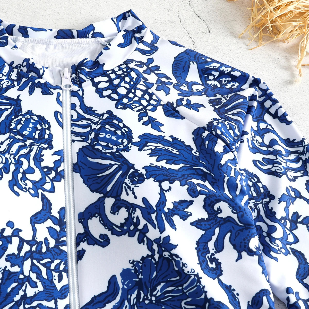 One Piece Swimsuit Long Sleeve Zip Front Blue White Surf and Sarong Swimwear Slimming Bathing Suit Beach Wear 250214