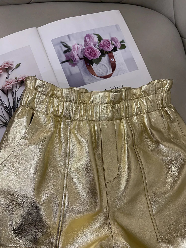 Leather Short Genuine 2024 Y2K Fashion Summmer Pants High Waist Shinny Golden Shorts 250213