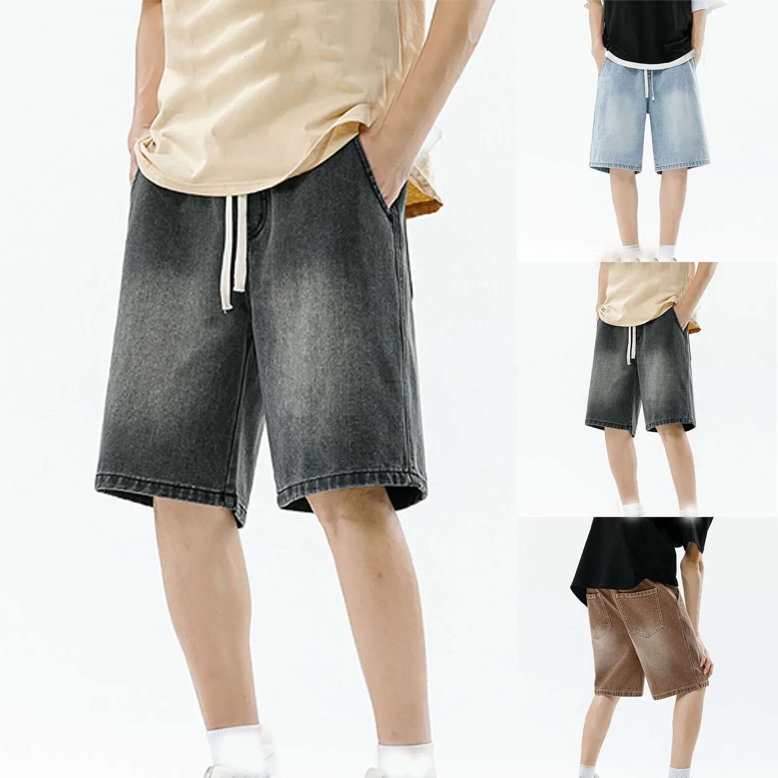 Men's Designer Shorts With Drawstring Waistband Loose Fit Paired With American Retro Street Washed Jeans For Outdoor Casual Running And High-qual