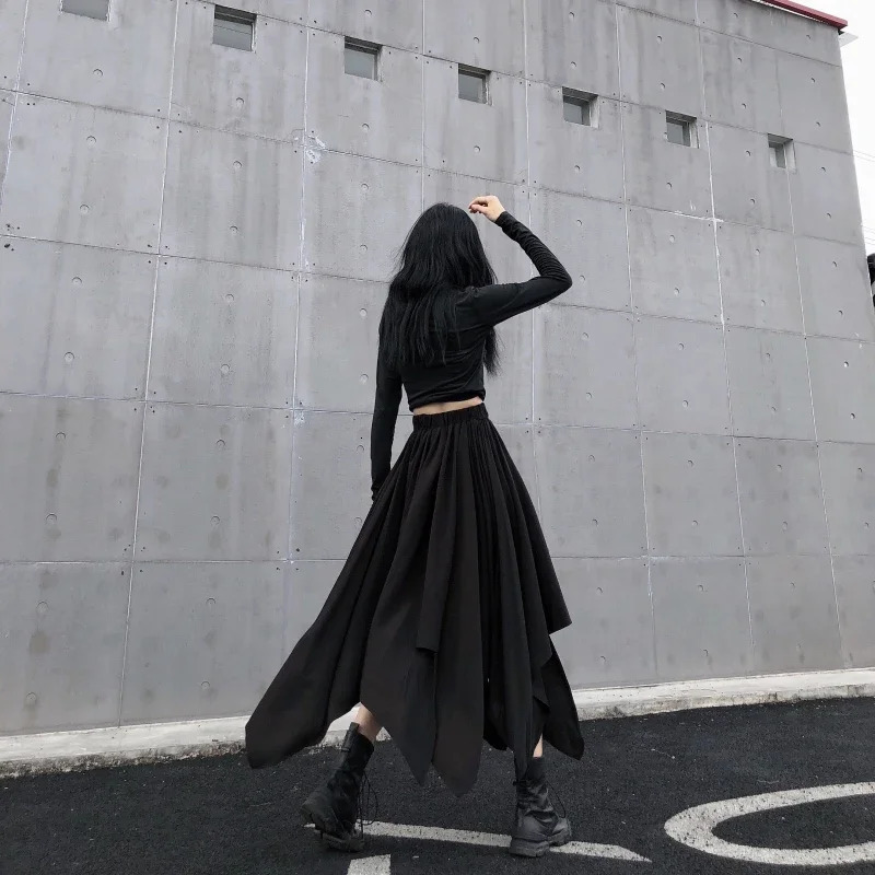 Dark Black Irregular High Waist Skirt Goth Punk Gothic Harajuku Long Vintage korean fashion clothing 250211