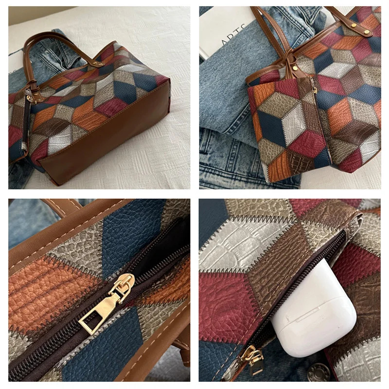 Vintage Patchwork PU Leather Casual Tote Bags For Women Large Capacity Shoulder Bag Ladies Handbags And Purses 250207