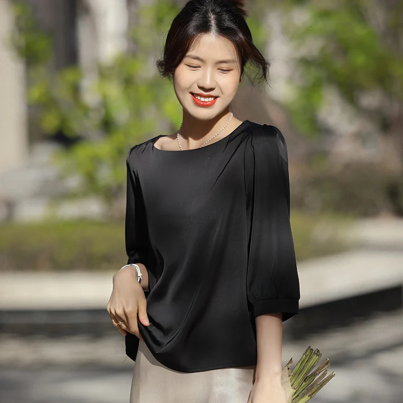 Summer Female T-shirts Three Quarter Sleeve Women Square Collar Solid Color Fashion Tees O-Neck Casual Loose T Shirt Oversized 250217